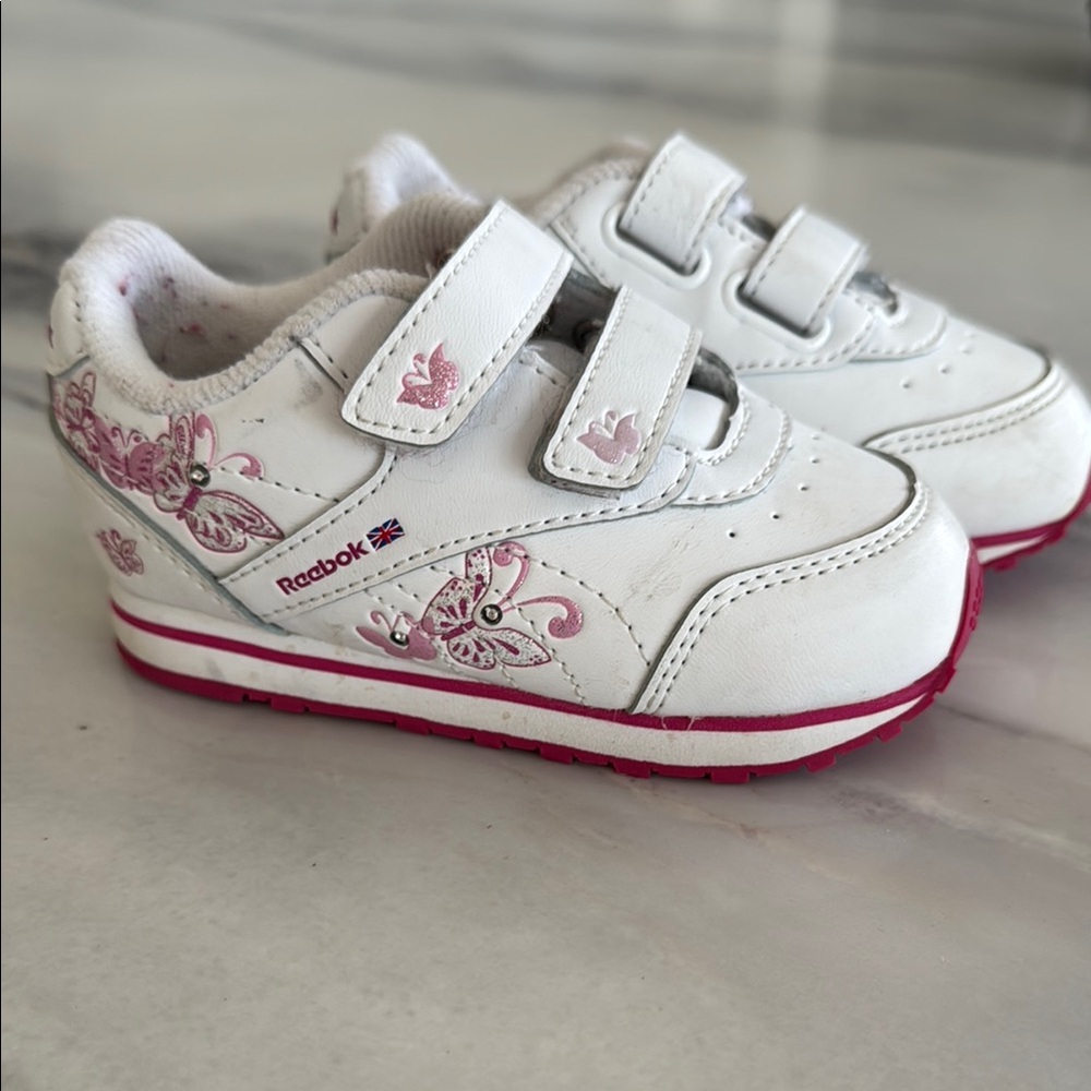 REEBOK White and Pink Sneakers with Velcro Straps and Lights